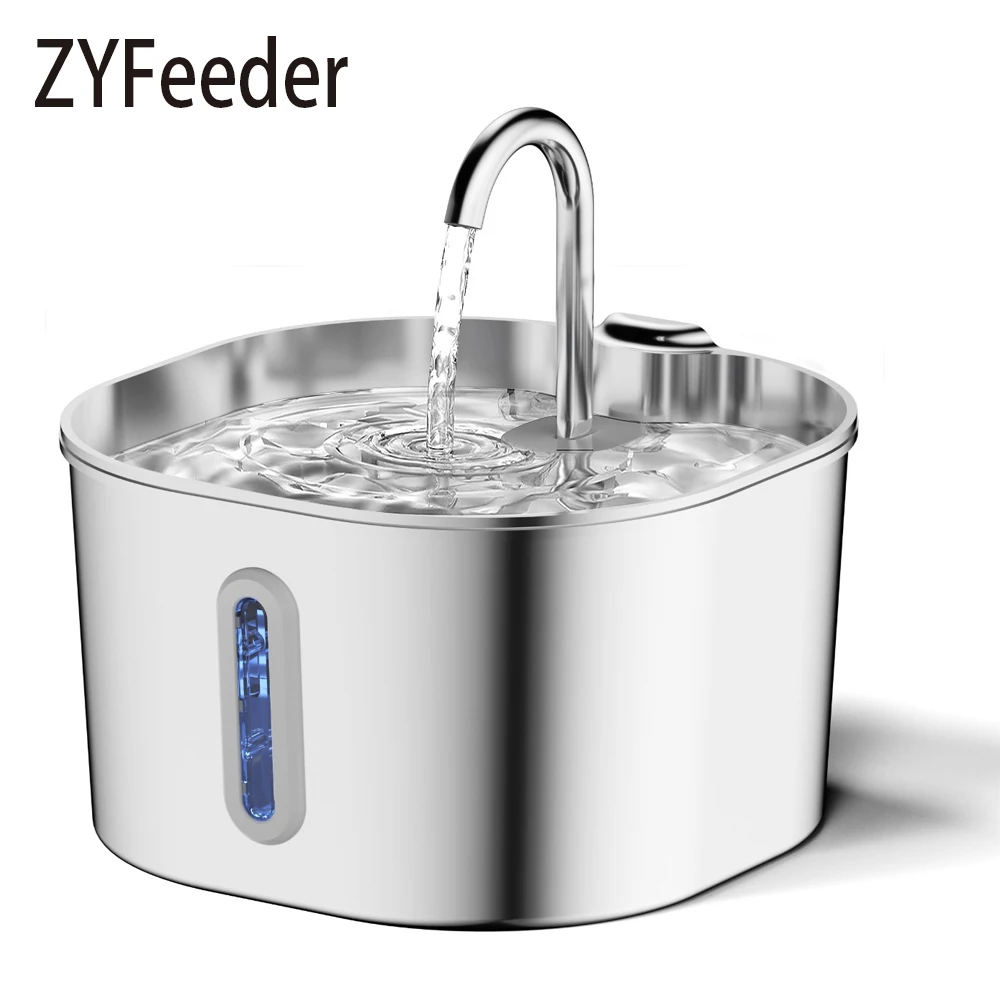 ZYFeeder 2.2L Automatic Cat Water Fountain Square Stainless Steel Pet Water Feeder Dog Water Fountain with window（No 5V 1A Plug）