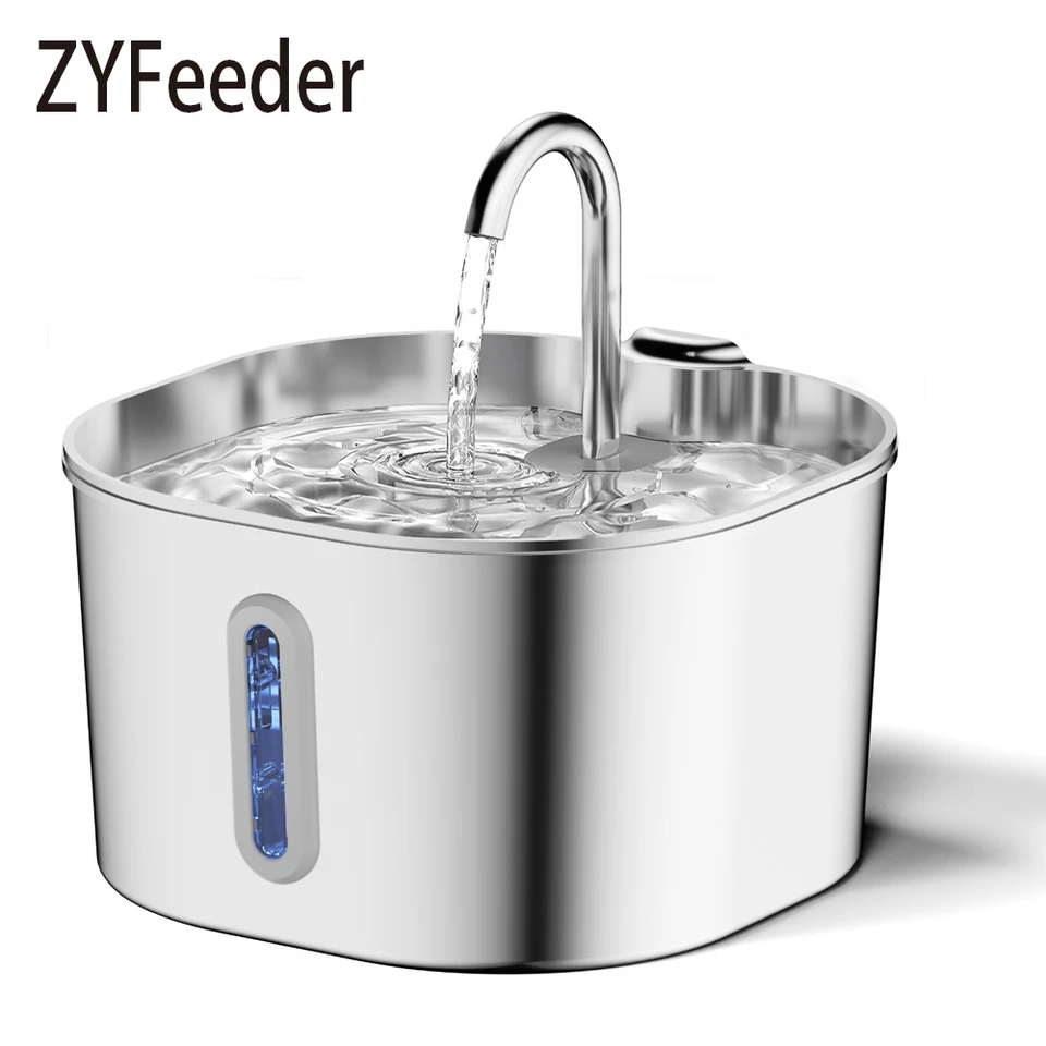 ZYFeeder 2.2L 자동 고양이 분수 광장 스테인레스 스틸 애완 동물 급수기 개 분수 창 (5V 1A 플러그 없음)