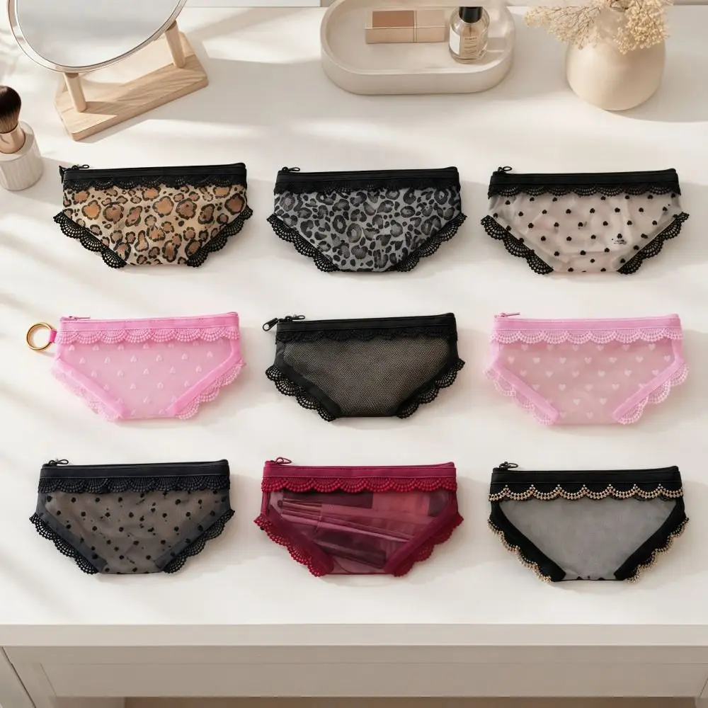 New Briefs Shape Cosmetic Bag Lace Heart Transparent Makeup Storage Pouch Mesh Y2K Toiletry Bag Storage for Travel