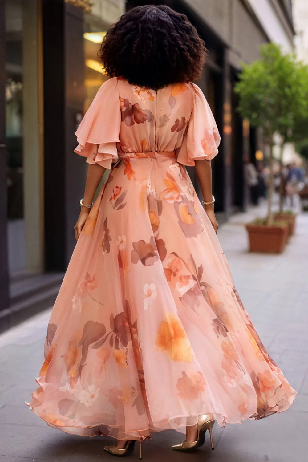 بالإضافة إلى حجم عطلة أنيقة الخوخ الأزهار التفاف الرقبة قصيرة الأكمام فساتين ماكسي الشيفون #4