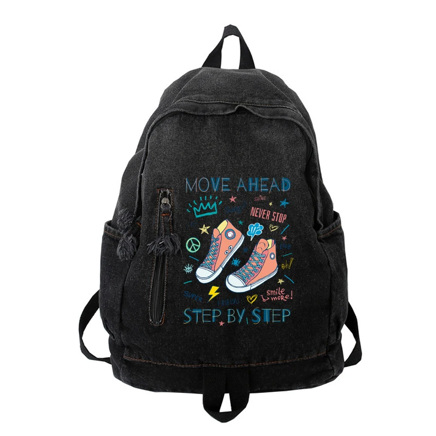 

New Denim Backpack Women's Leisure Travel Outing Female Schoolbags Suitable Boys Girls Unisex Funny Crazy Rolling Shoes Printed