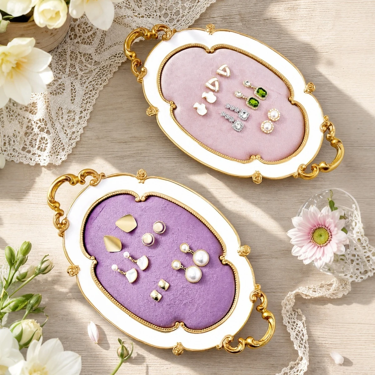 1PC, European-style White Gilded Velvet Jewelry Storage Tray, Jewelry Display Tray, Jewelry Storage Tray