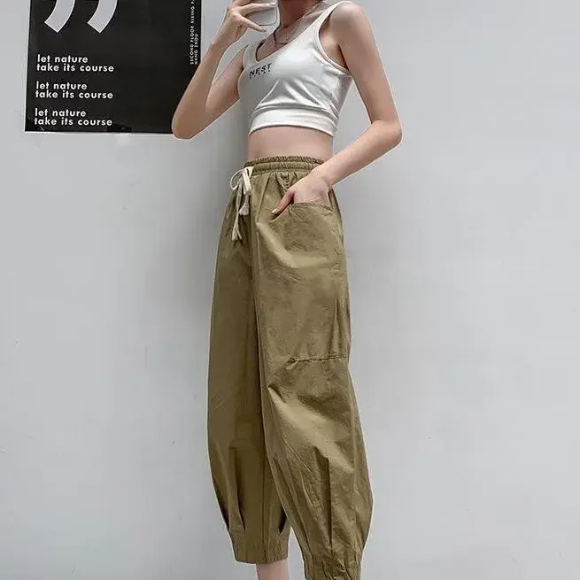 High Waist Tooling Haren Pants Women's New Nine Points Summer Casual Pants Show Thin Loose Cotton Bloomers