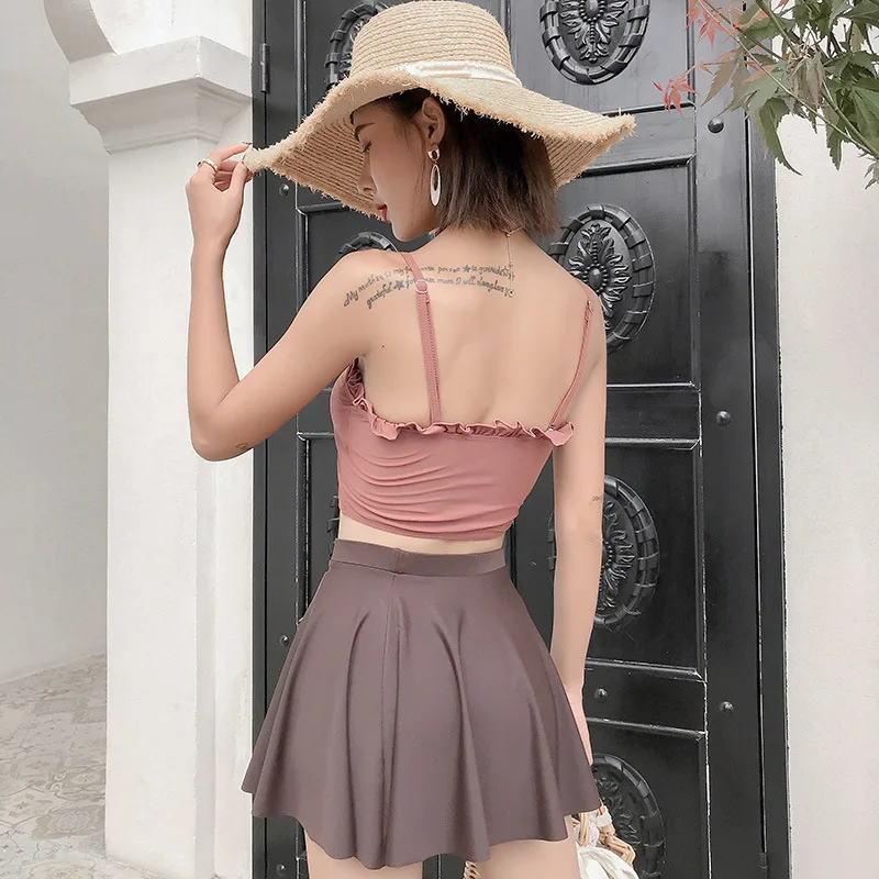 sexy ruffles bandage cropped tie vest bikinis sets 3pcs with mini skirt cute sweet swimsuits bathing suit swimwear biquini