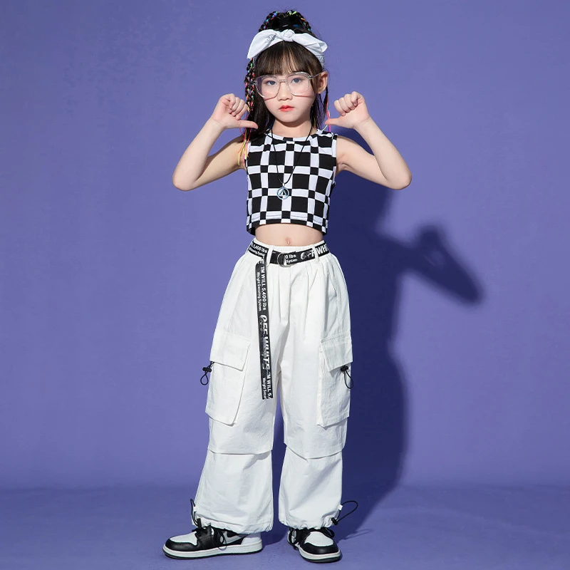 Roupas modernas de dança de jazz para meninas, colete xadrez, calças largas, fantasia de hip hop infantil, roupas de desempenho teen kpop verão