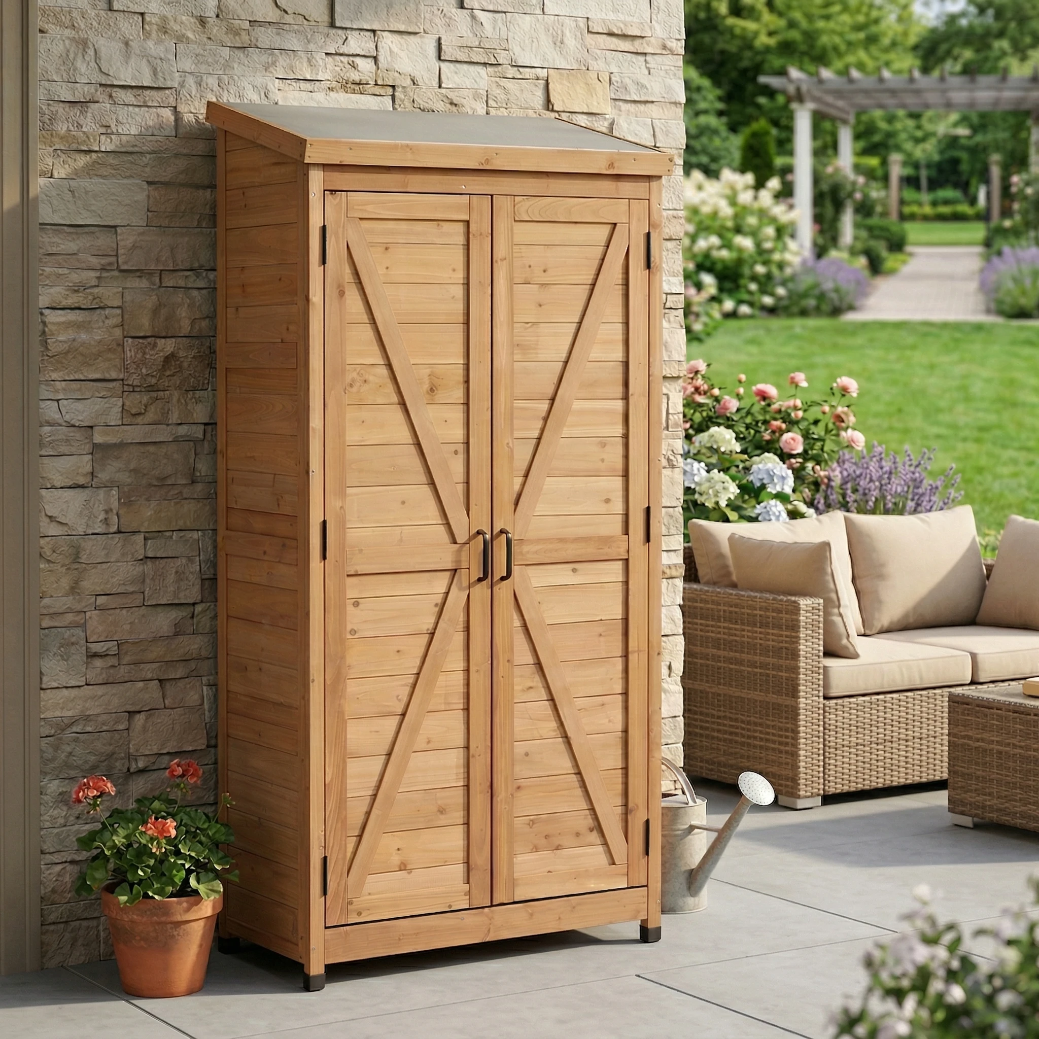 Outdoor Wooden Storage Shed with Metal Roof, Tall Vertical Tool Cabinet for Backyard Garden & Patio, Weather-Resistant Lawn Organizer
