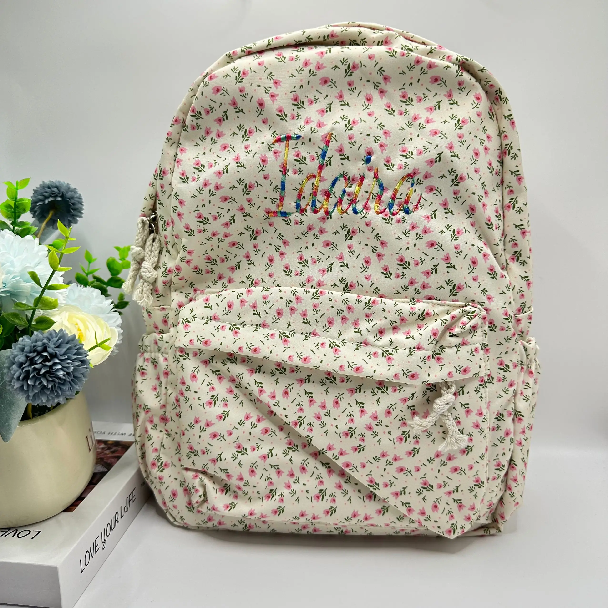 Colorful Thread Sweet Girl's Personalized Flower Backpack Lightweight High School Girl's Backpack Embroidered Name