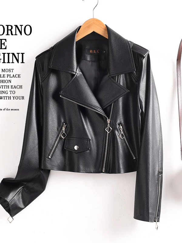   Giacca da Motociclista in Vera Pelle Ning per Donna, Vestibilità Slim, Autunno 2025, Cappotto in Pelle di Pecora con Chiusura a Cerniera