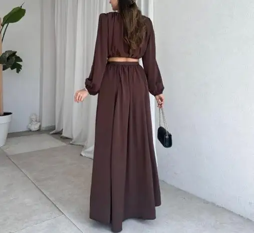 Herbst Neues Damen-Set, lässig, elegant, einfarbig, langärmelig, Rundhals-Top und hoch tailliertes A-Linien-Langrock-Set