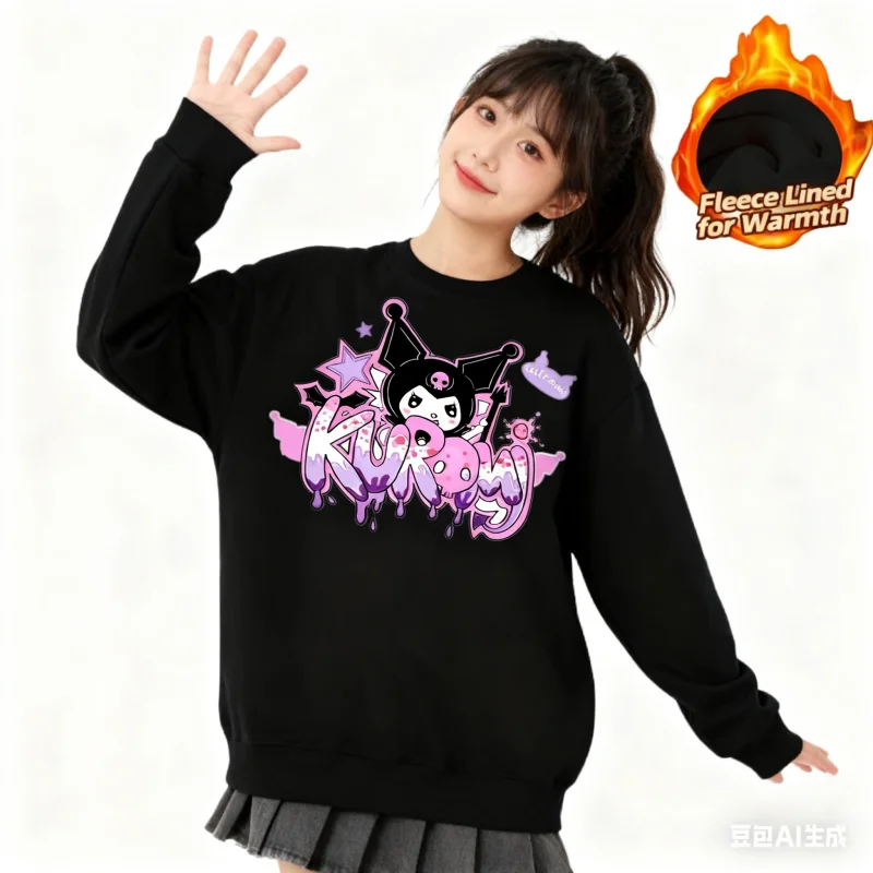 Camiseta de manga larga con cuello redondo y estampado de la serie Sanrio, linda y cálida camiseta de manga larga con cuello redondo y forro polar, 100% algodón