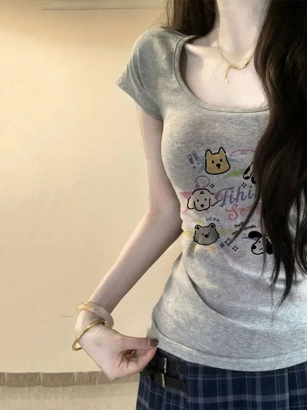 Slim Fit Short Sleeve U-Neck T-Shirt Women's Summer Fashion Design Sensation Casual Top Elastic Waist Control Slimming Effect