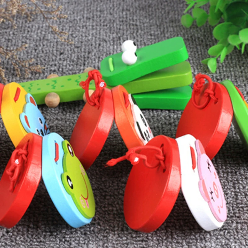 Kids Cartoon Wooden Castanets Music Instruments Baby Clapper Handle Musical Instruments Toys Educational Toys For Children