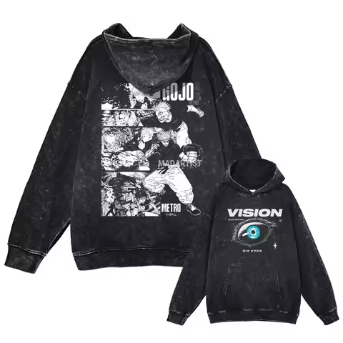 Anime J-Jujutsu Hoodies Vintage Washed Gojo Saturo Hooded Sweatshirts Oversized Manga K-Kaisen Fushiguro Toji CHOSO Hoodie Men