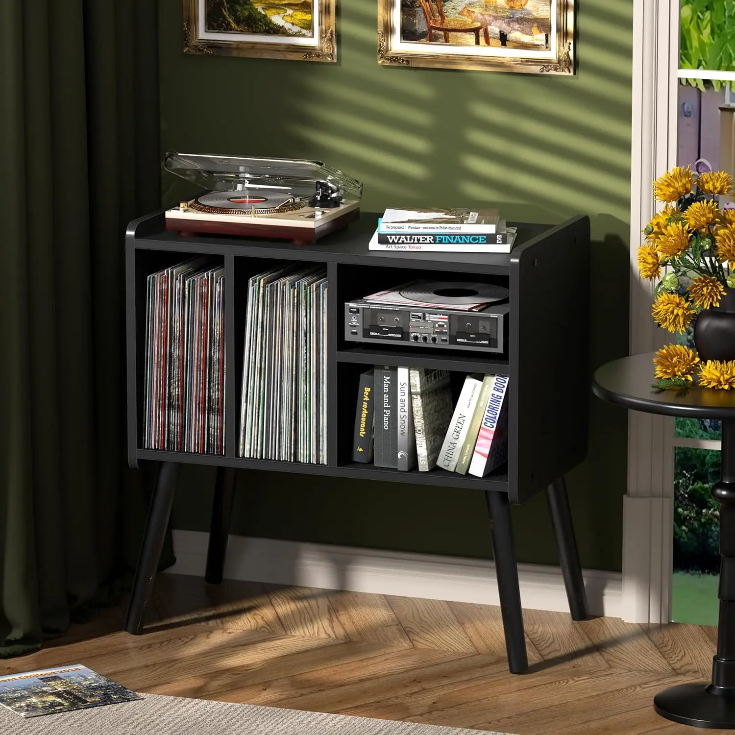 Record Player Table, Mid-Century Record Player Stand with Vinyl Storage Hold Up to 150+ Albums, Vinyl Record Cabinet wit