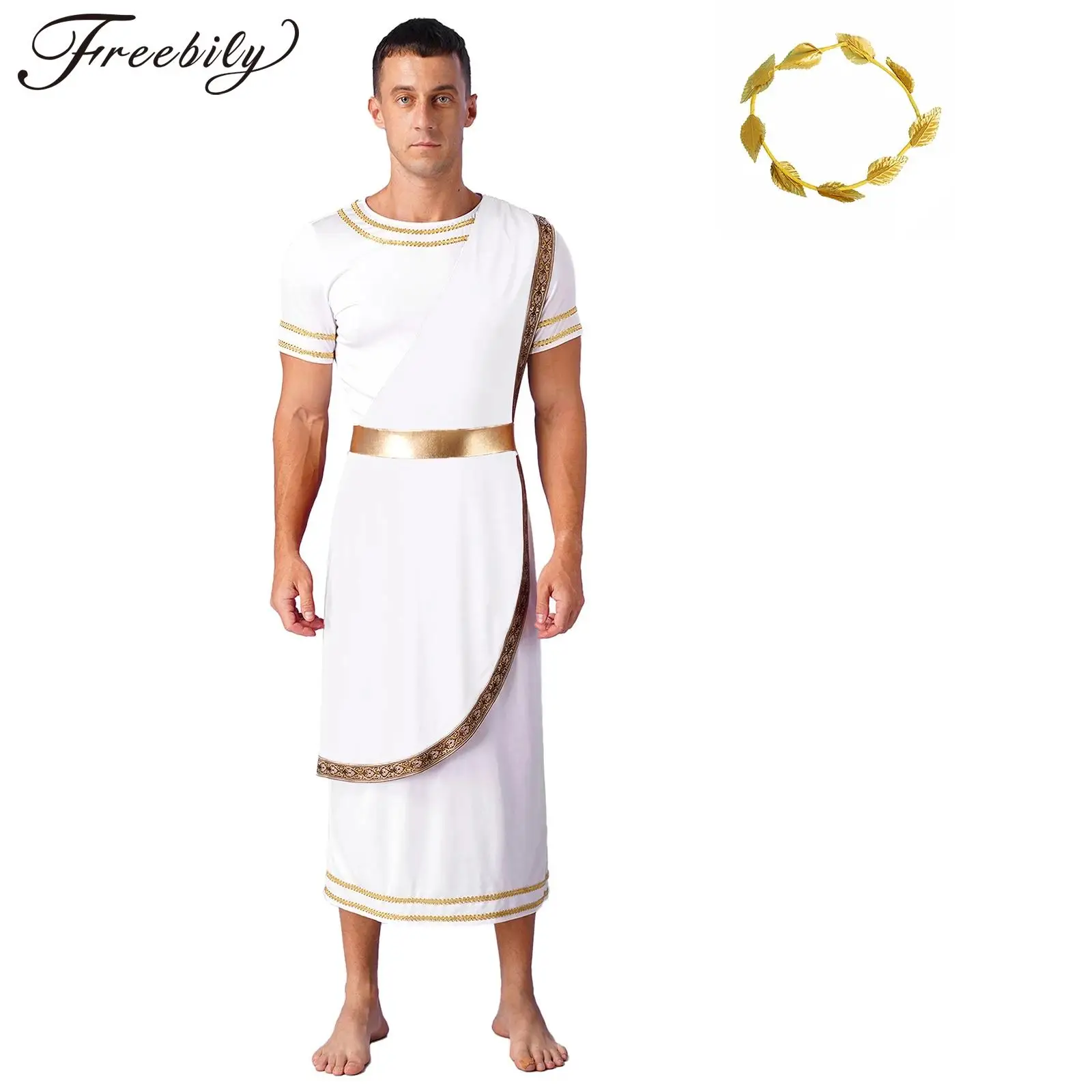 Men Halloween Ancient Greek Roman God Caesar King Mr.Toga Prince Cosplay Costume Short Sleeve Retro Robe with Leaf Headband