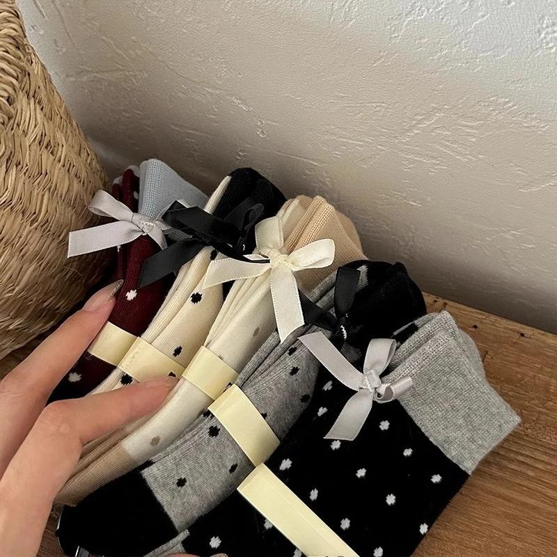 

1/5 pairs Elegant minimalist women's short socks spring autumn thin short tube socks cute polka dots sports bow mid tube socks