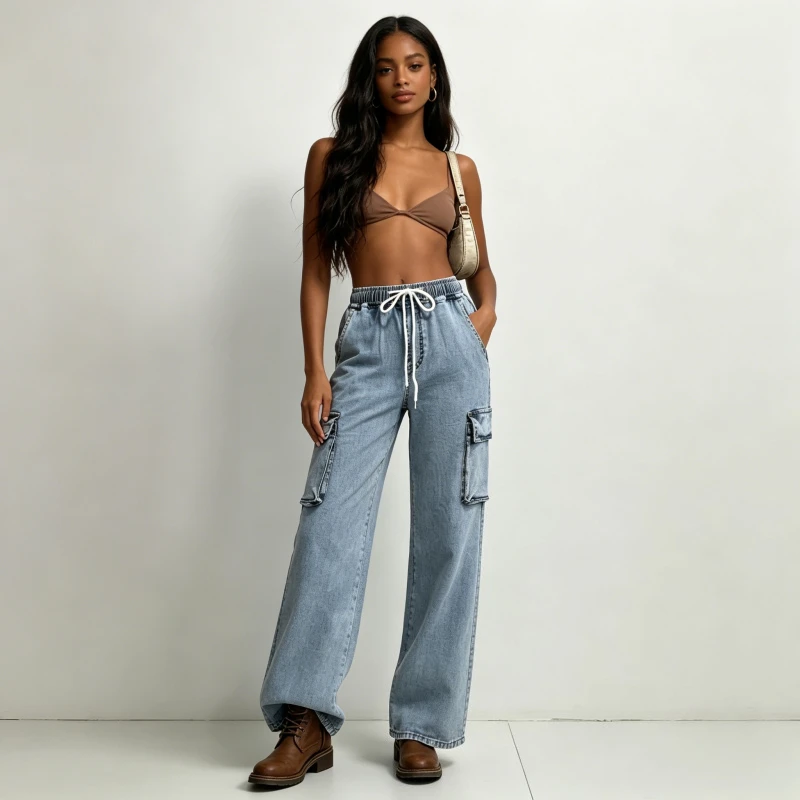 Cargo Pants Denim Pant Women Jeans Elastic Waist Lace Up Traight Trousers Loose High Street Work Casual Washed Pockets summer