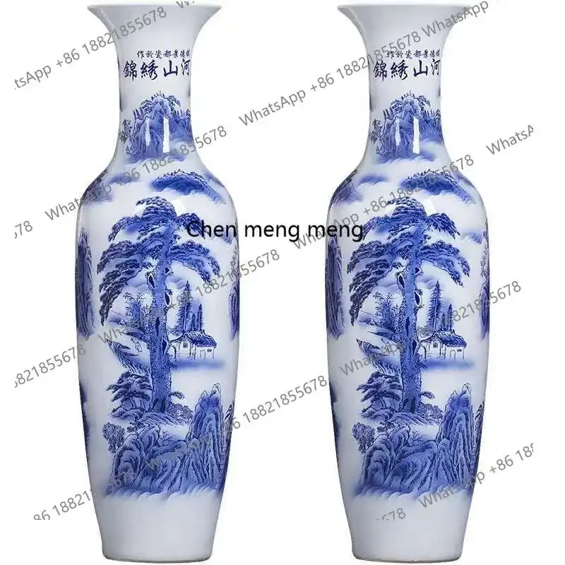 Jingdezhen ceramic Chinese 2 meters blue and white porcelain large vase ornament living room hotel decoration floor