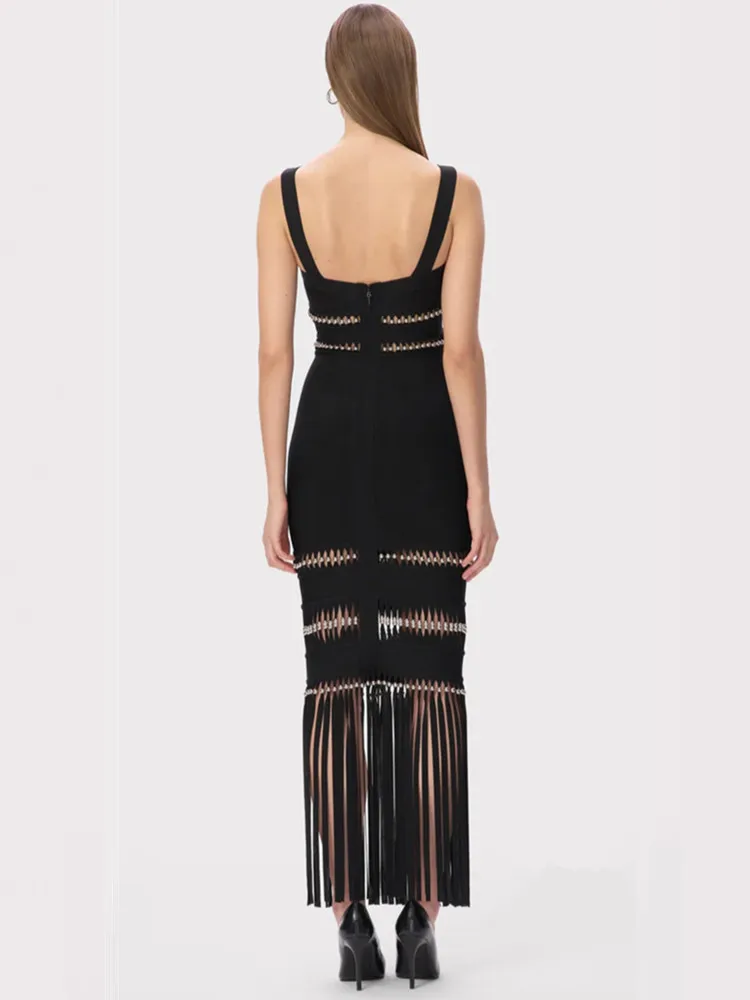 فستان نسائي مثير بياقة مربعة أصفر وأسود طويل ماكسي بأشرطة ضيقة 2025 فستان أنيق للحفلات المسائية والنوادي #6