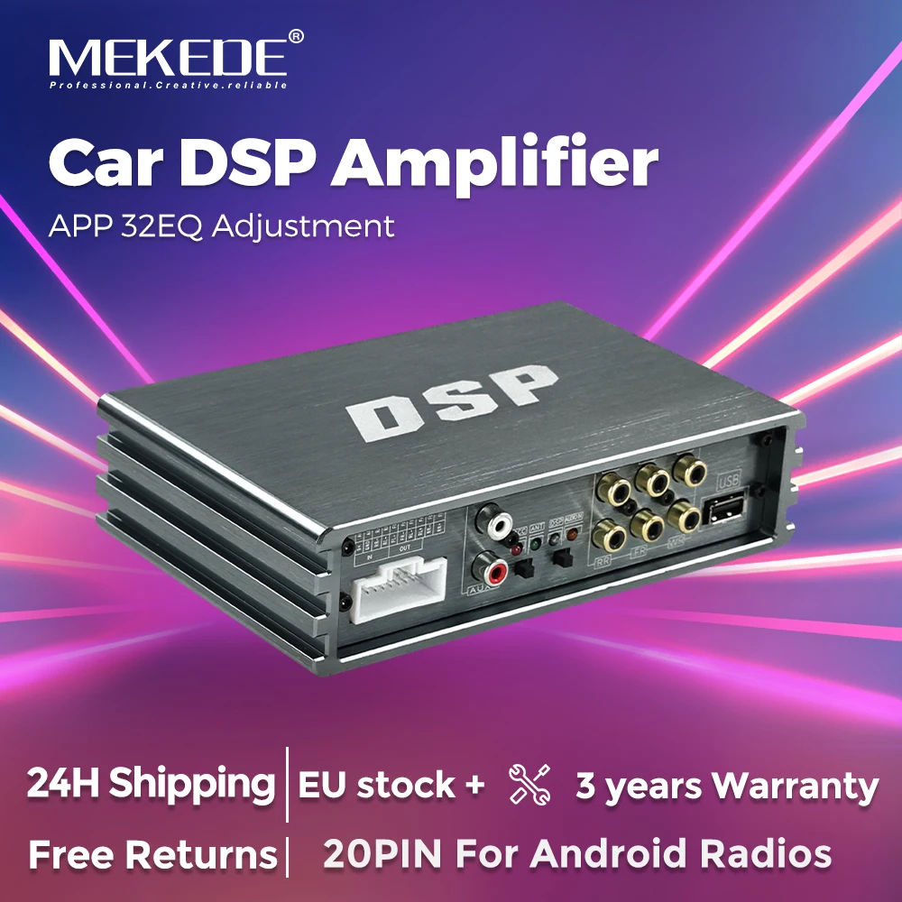 Processeur audio DSP pour voiture Mekede 4*50W, amplificateur Hi-Fi, égaliseur, crossover, délai SFC pour haut-parleurs Android, subwoofer, autoradio, compatible avec le contrôle par application.