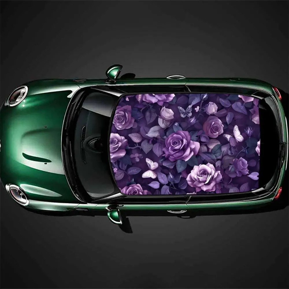 Graphic car vinyl wraps in purple and rose with butterflies dancing between them; vinyl car roof graphics, colorful vinyl packag