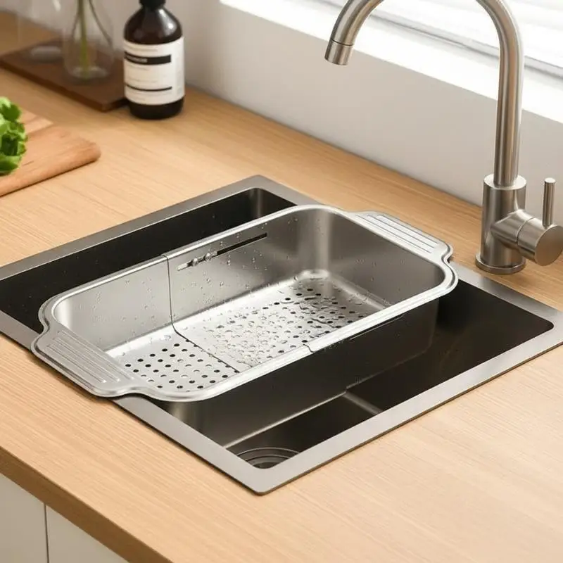 Stainless Steel Adjustable Telescopic Sink Drain Basket Filter Rack Food Grade for Fruit Veggie Washing Kitchen