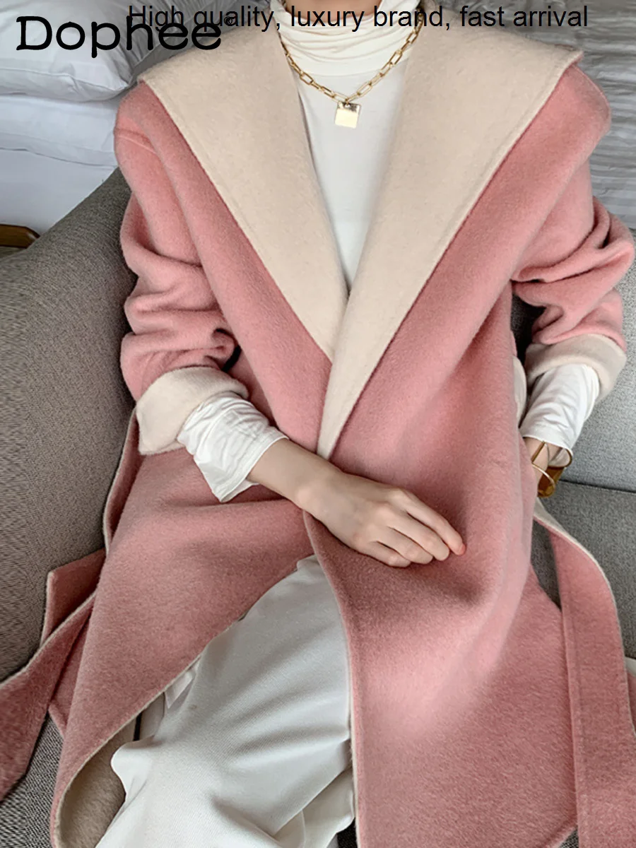 Pink Double-Faced High-End Cashmere Overcoat Female 2023 Winter New Korean Belt Waist Slim Mid-Length Hooded Woolen Coat Women