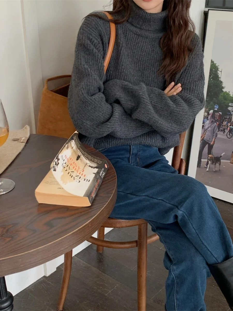 سترة محبوكة بياقة عالية من Thiened سترة نسائية كسول بلون نقي كبير سترة رقيق إحساس كراميل لاتيه Sle تصميم حلو #3