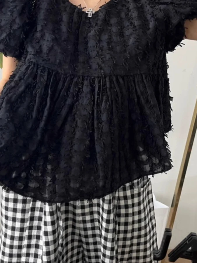 

Korean Sle Sweet round Ne irt Women's Ele Luxury Youthful Doll irt Summer Tea Ceremony Chic Top Faionable