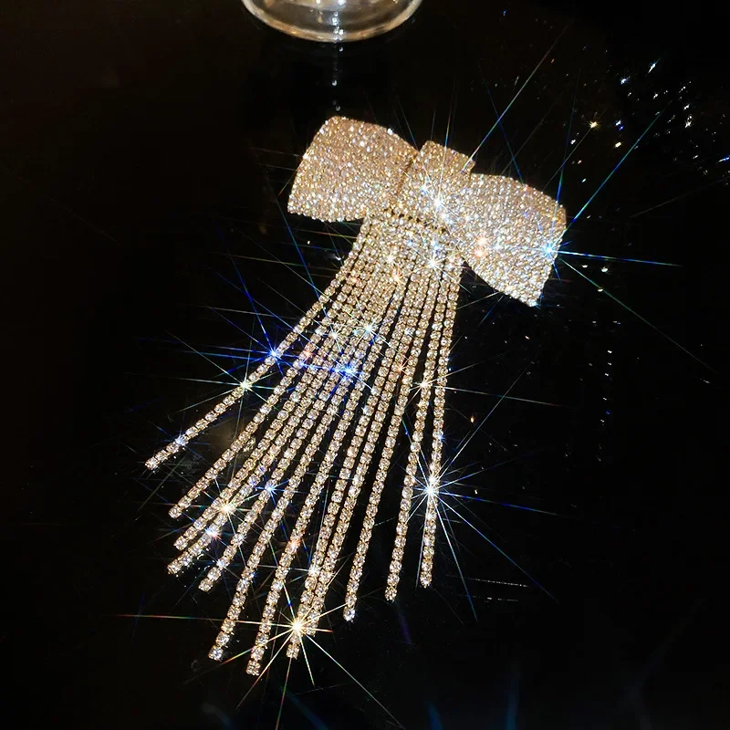 Rhinestone Bow Fringe Hairpin for Women Fashion Temperament Hair Clip Korean Light Luxury Hair Accessories Gold Silver Color