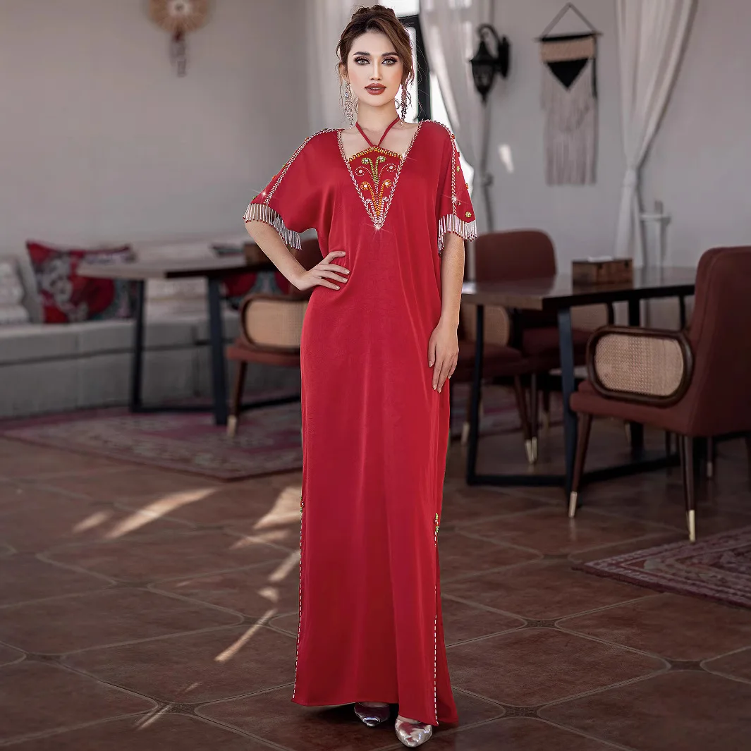 Ba5182 Rote Robe Handgemachte Stickerei Quaste Mode Neckholder Split Saum Kleid Robe Abaya Ramadan Dubai Luxus Islam Elegant