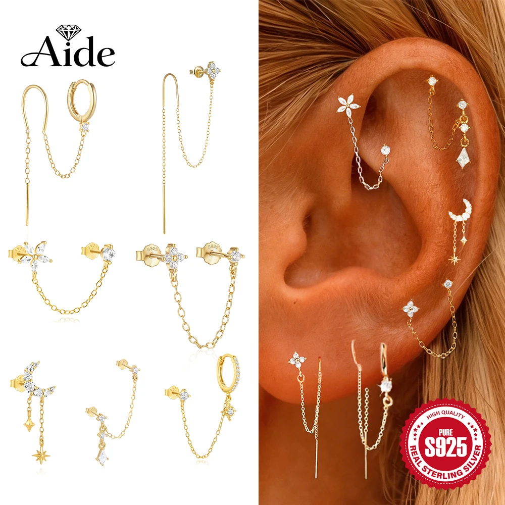 

AIDE Single 925 Sterling Silver Ear Piercing Studs Long Chain Crystal Huggies Earrings for Women Female Trend Cartilage Brincos