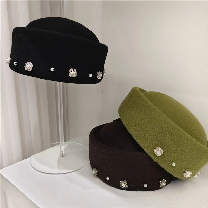 Designer Brand Fashion Rhinestones Wool Beret Hat French Elegance Shaped Pillbox Pearl Painter Hats Women's Cocktail Hats