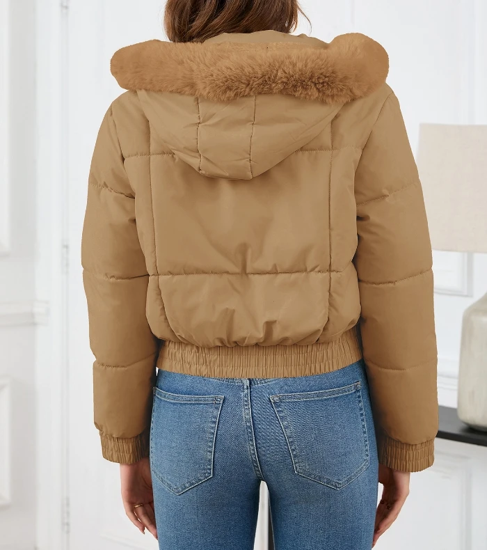 Women\'s 2024 Autumn Winter Latest Short Fit Slim Fit High Waisted Cotton Jacket Casual Thick Fur Collar with Plush Cotton Jacket