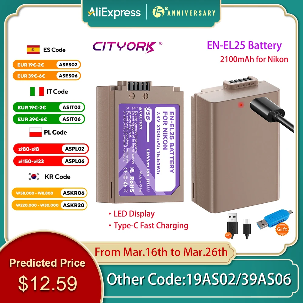 2100mAh EN-EL25 Battery for Nikon Z30 Z50 ZFC Z 50 Z FC Z 30 EN EL25 EN-EL25a Camera Li-ion Battery with Fast Charge Type-C Port