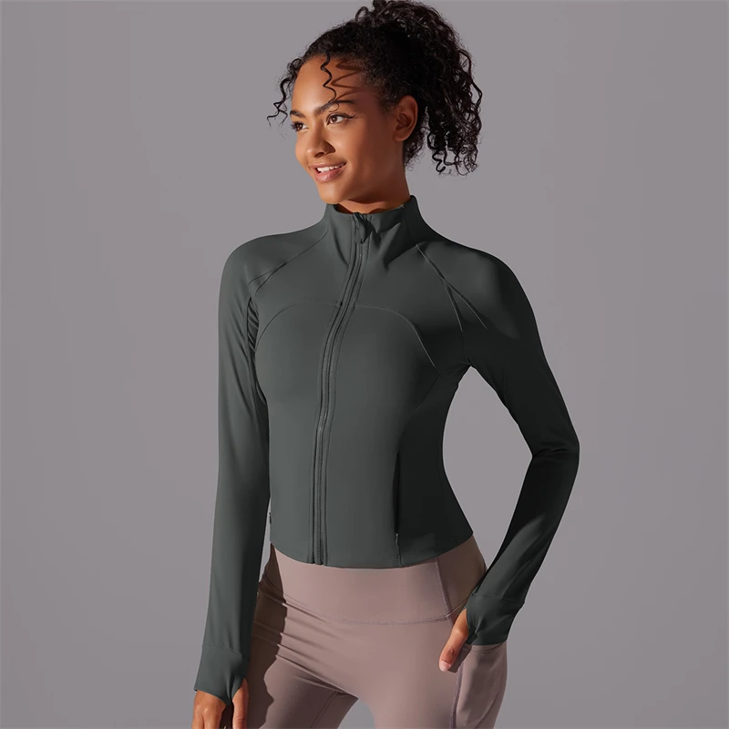 Solid Color Sports Jacket Women Gym Sportswear Running Workout Tops Fitness Yoga Coat Long Sleeves Zip Jackets With Thumb Jack