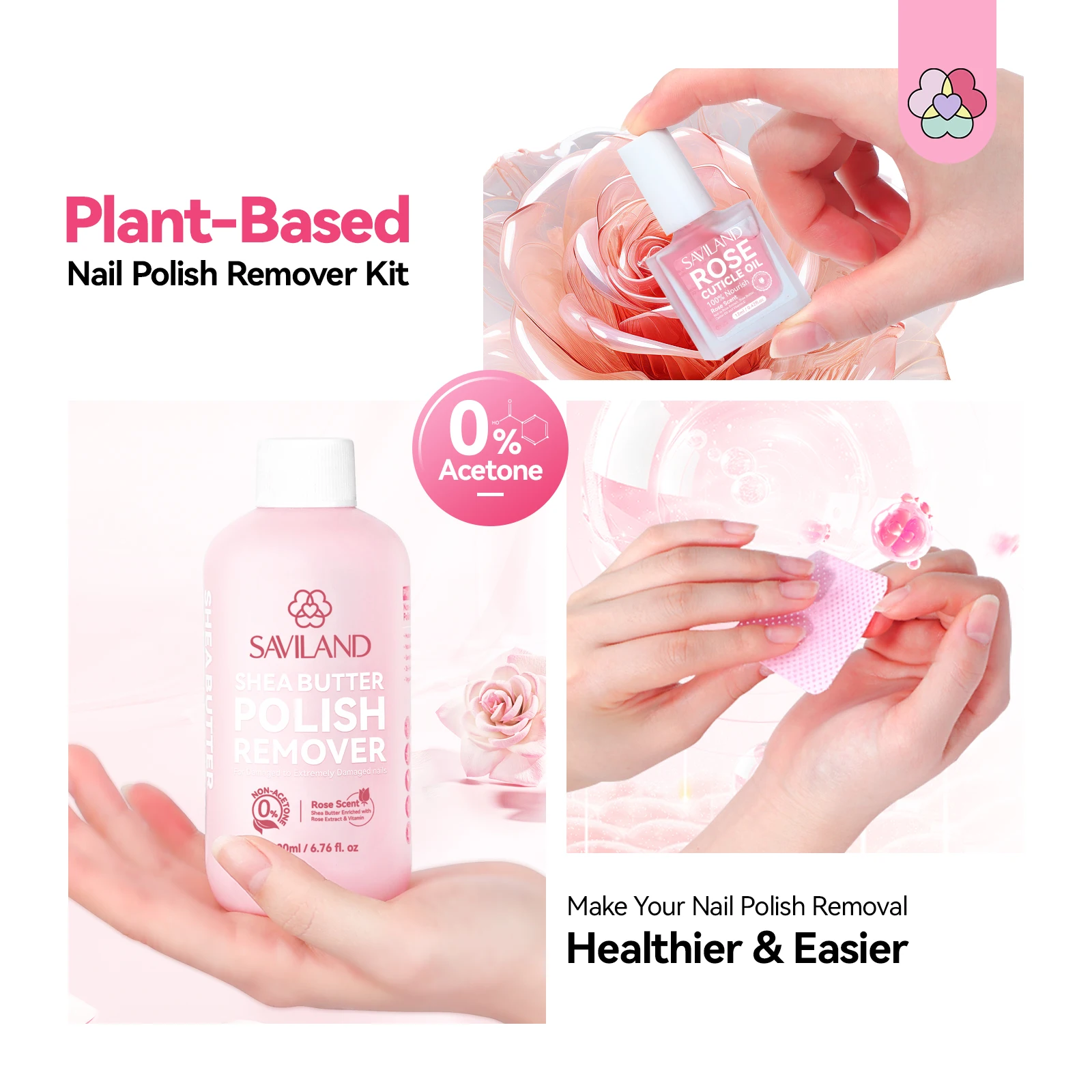 سافيلاند 200 مللي طقم مزيل طلاء الأظافر مزيل طلاء الأظافر زبدة الشيا مزيل الأظافر مع زيت الخروع VE زيت البشرة