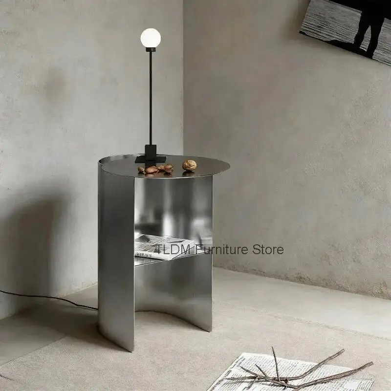 Modern Minimalist Stainless Steel Side Table with Open Storage Shelf Accent End Table for Living Room Bedroom Home Furniture
