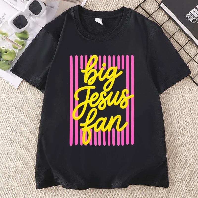 Big Jesus Fan T Shirt Casual Womens Religious T-shirt Christian Tshirt Faith Short Sleeve Round Neck Tees Woman Clothing Printed