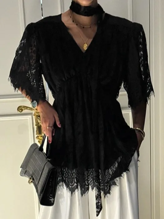 

Ele Embroidered Lace irt Women's Summer New Sle V-Ne Versatile Top High-End Feel Hook Flower Design Faionable Blouse