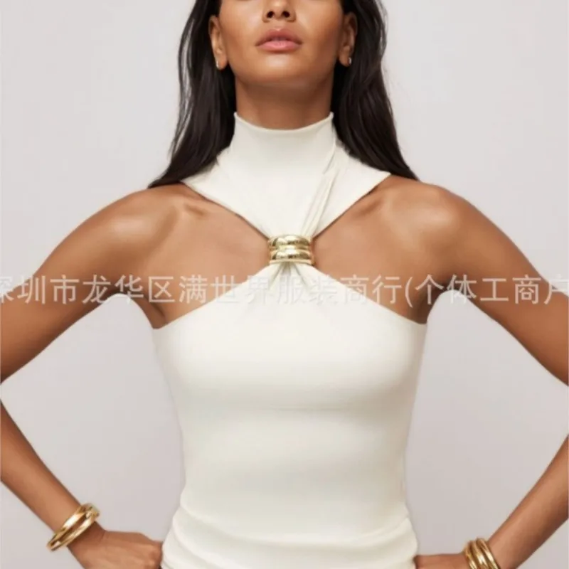 Casual Blusas T Shirt Tees Tops For Woman Simple Style Temperament Elegant Slim Off Shoulder High Collar Solid Color Metal Sheet