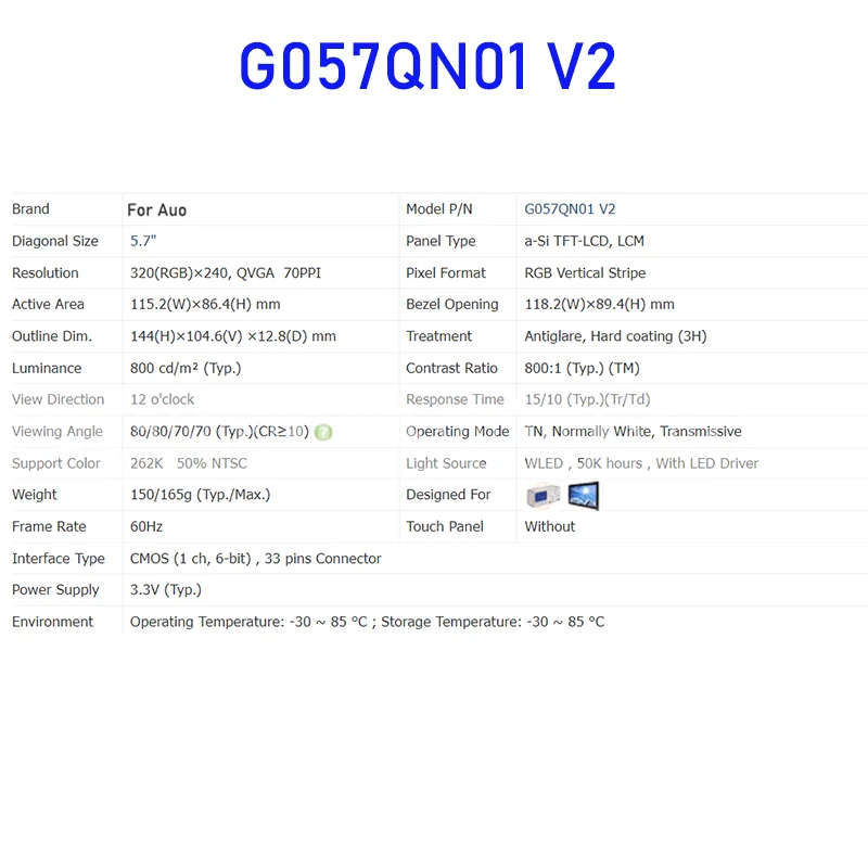G057QN01 V2 Panel de pantalla LCD de 5,7 pulgadas, Original para Auo, nuevo