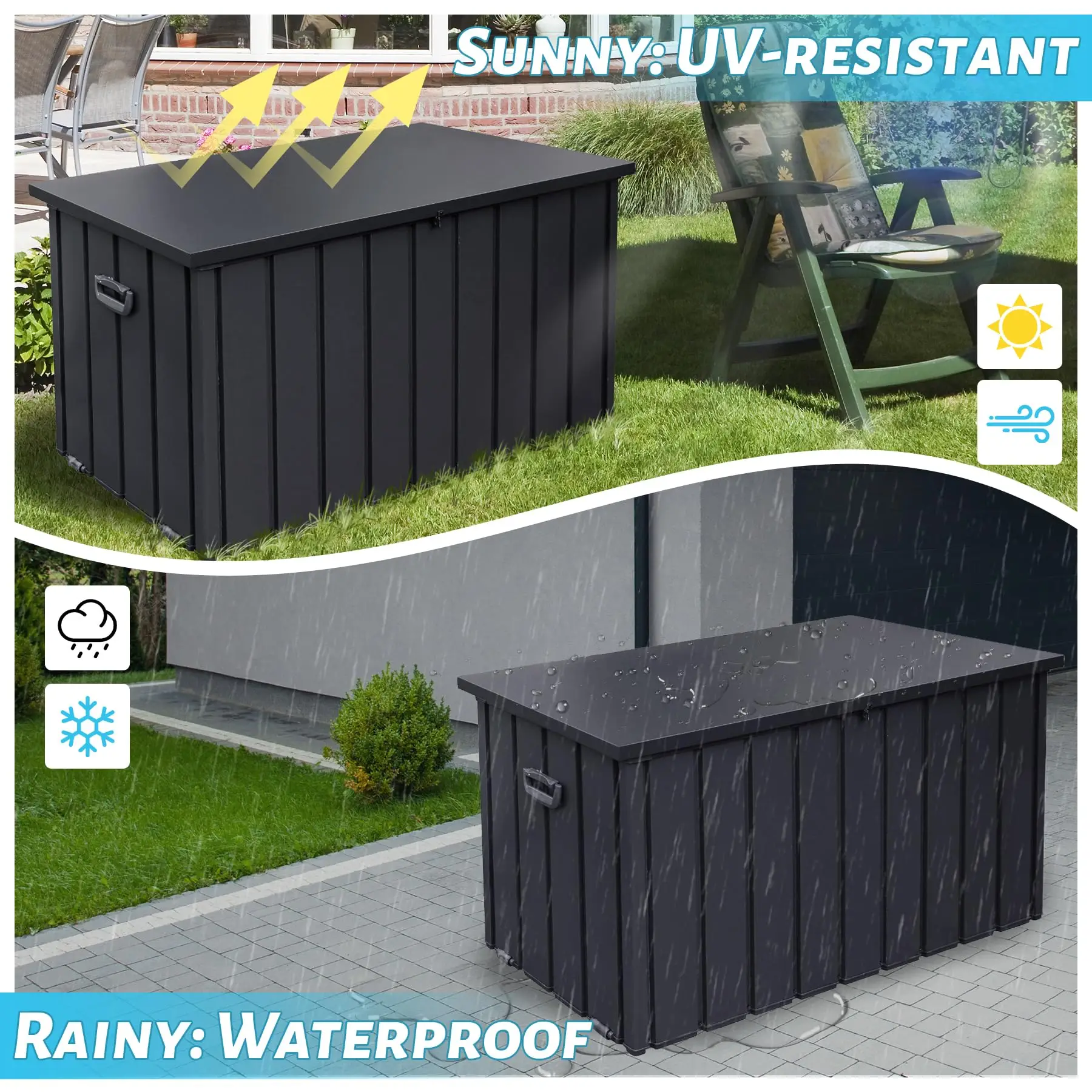 

190-Gallon Waterproof Metal Deck Box Large Patio Furniture Storage Cabinet Lockable Outdoor Storage Bench in Grey