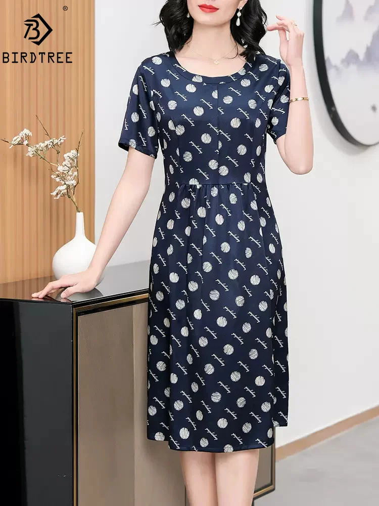 

BirdTree 91% Natural Silk Satin Dresses, Women Short Sleeve O Necks Print, Elegant OL Retro Dress, 2024 Summer New D44415QM