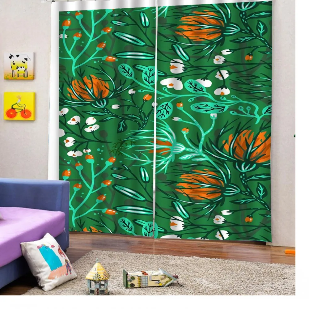 Curtain Tropical Plants Flowers Leaves Exotic Forest Nature Theme Orange Green Living Room Kitchen Blackout Curtains