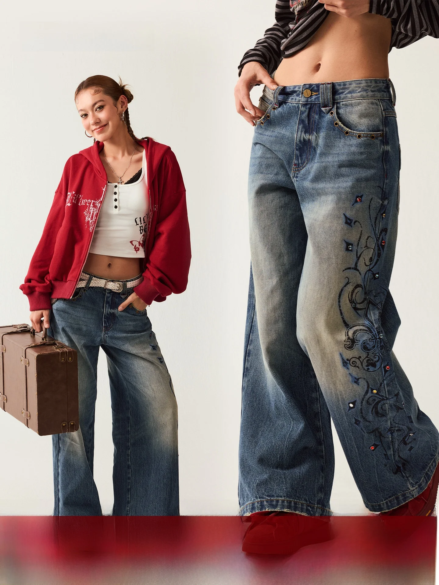 

Джинсы BeerBro Inclusive: широкие прямые джинсы с американским принтом, с высокой и низкой посадкой, из смесового хлопка, женские