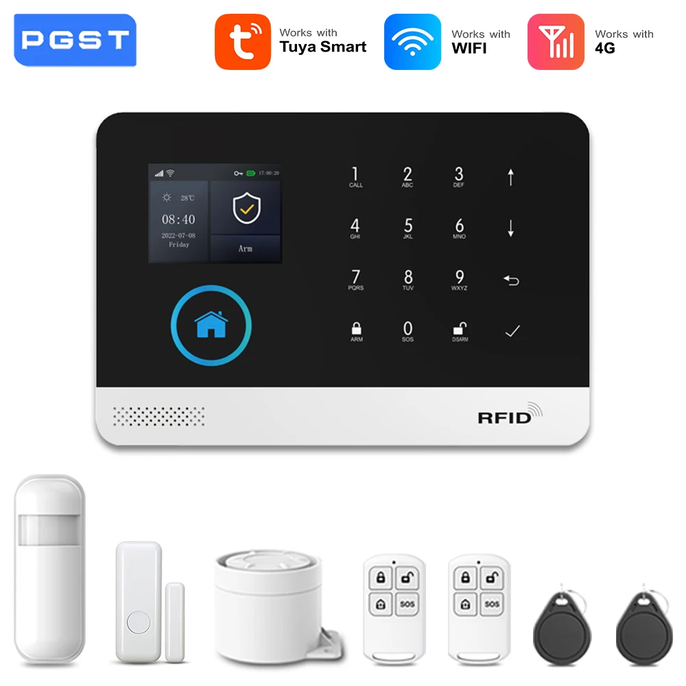 PGST 103 2,4 inch scherm 4G 2G WIFI GSM Home Bulgar Beveiligingssysteem voor thuis 433 MHz APP Controle RFID-kaart met PIR Beweging