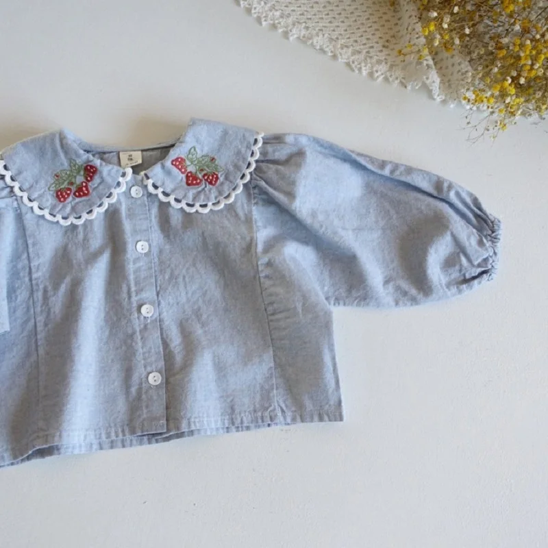 0-3Years Princess Girls Shirt Long Sleeve Peter Pan Collar Strawberry Embroidery Cotton Blouse Tops Outfit Spring Autumn Clothes