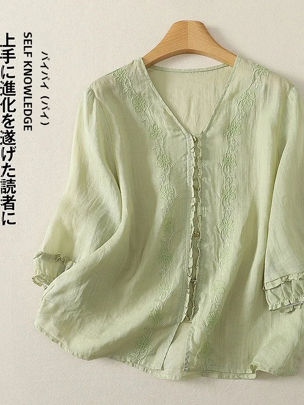 Retro V-neck Embroidered Shirt Five-quarter Sleeve Breathable Single-button Large Size Korean Japanese Style Artistic Loose Fit 2