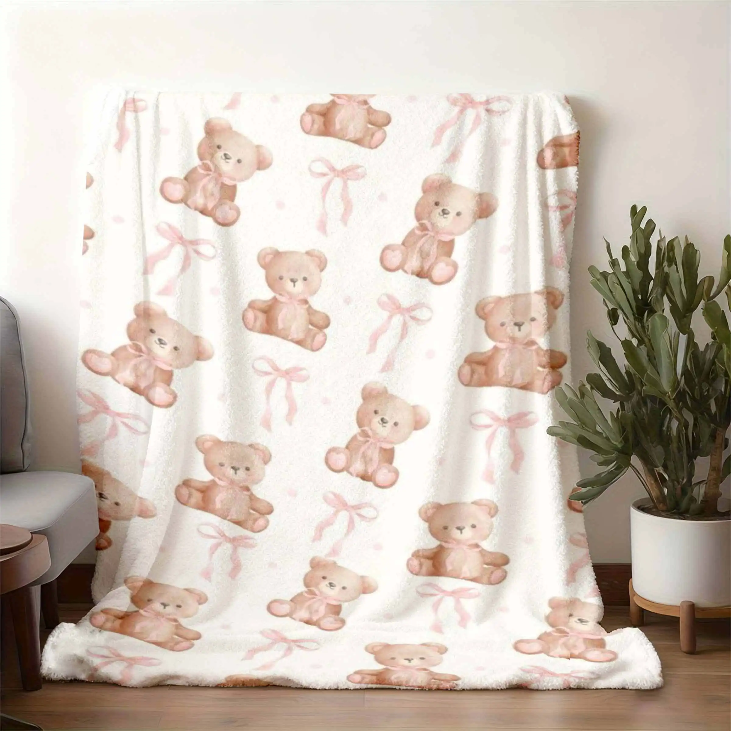 All-Season Teddy Bear And Bow Print Blanket, Soft Skin-Friendly Flannel Throw, Versatile Warm Blanket for Bedroom And Living Roo